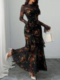 Floral Print Flounce Sleeve Mermaid Maxi Dress - Godess beauty  #