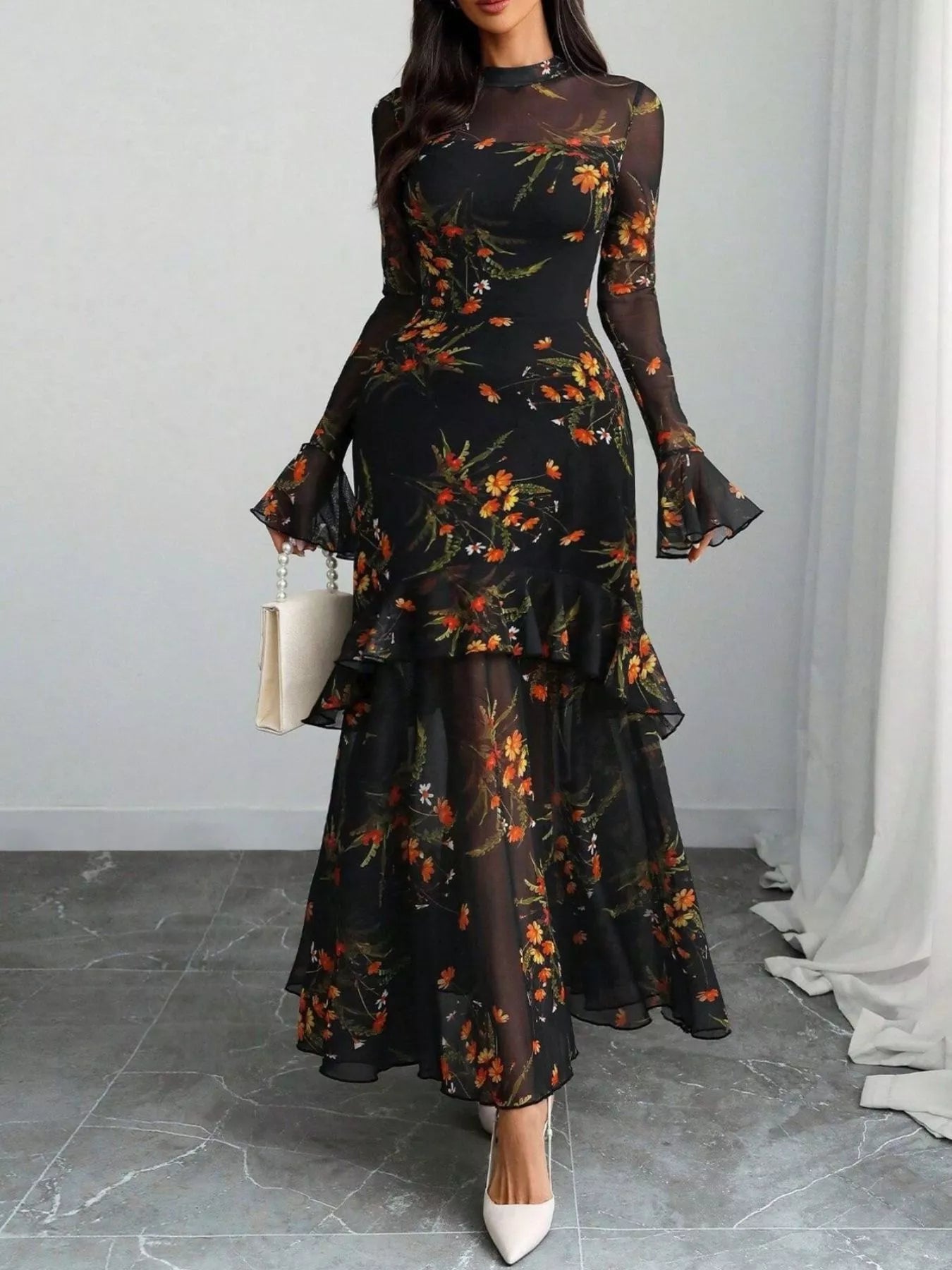 Floral Print Flounce Sleeve Mermaid Maxi Dress - Godess beauty  #