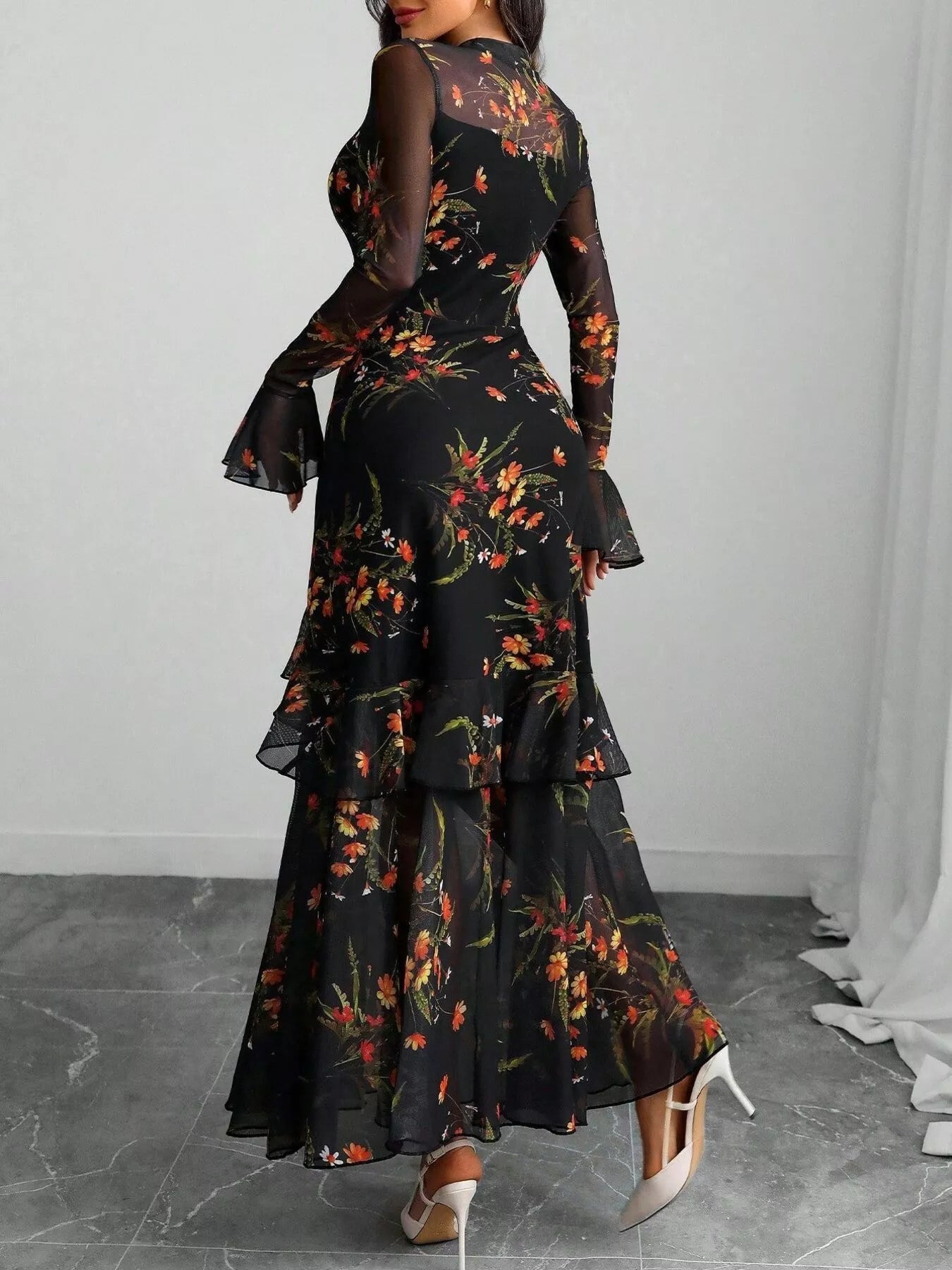 Floral Print Flounce Sleeve Mermaid Maxi Dress - Godess beauty  #