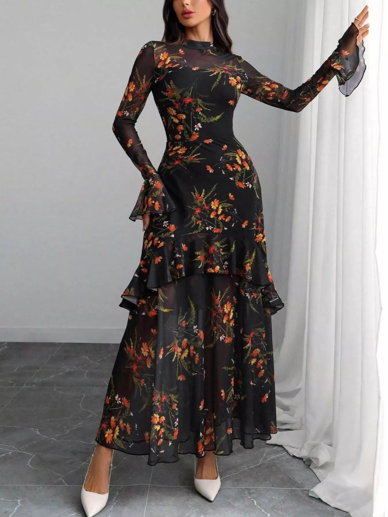 Floral Print Flounce Sleeve Mermaid Maxi Dress - Godess beauty  #