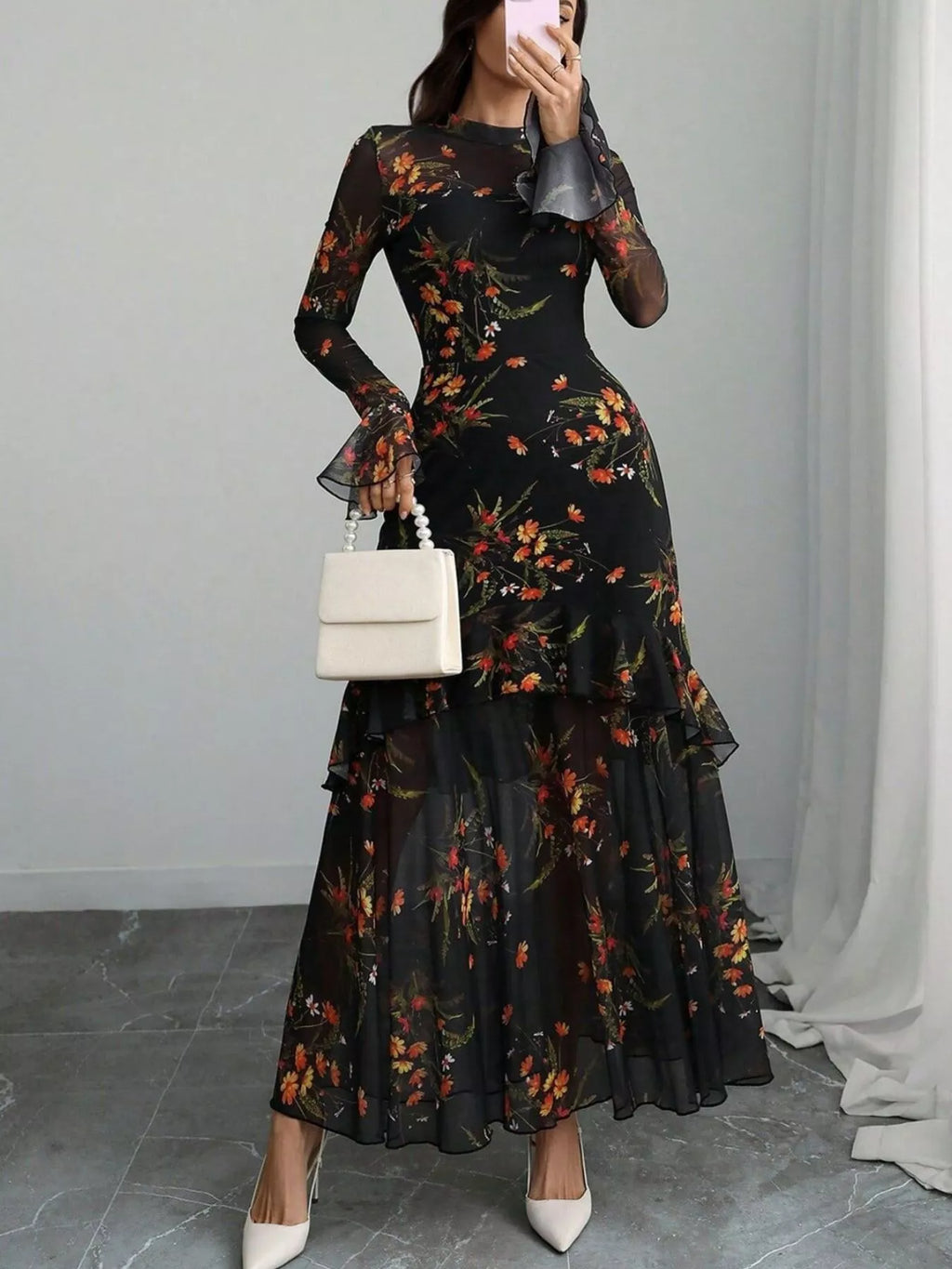 Floral Print Flounce Sleeve Mermaid Maxi Dress - Godess beauty  #