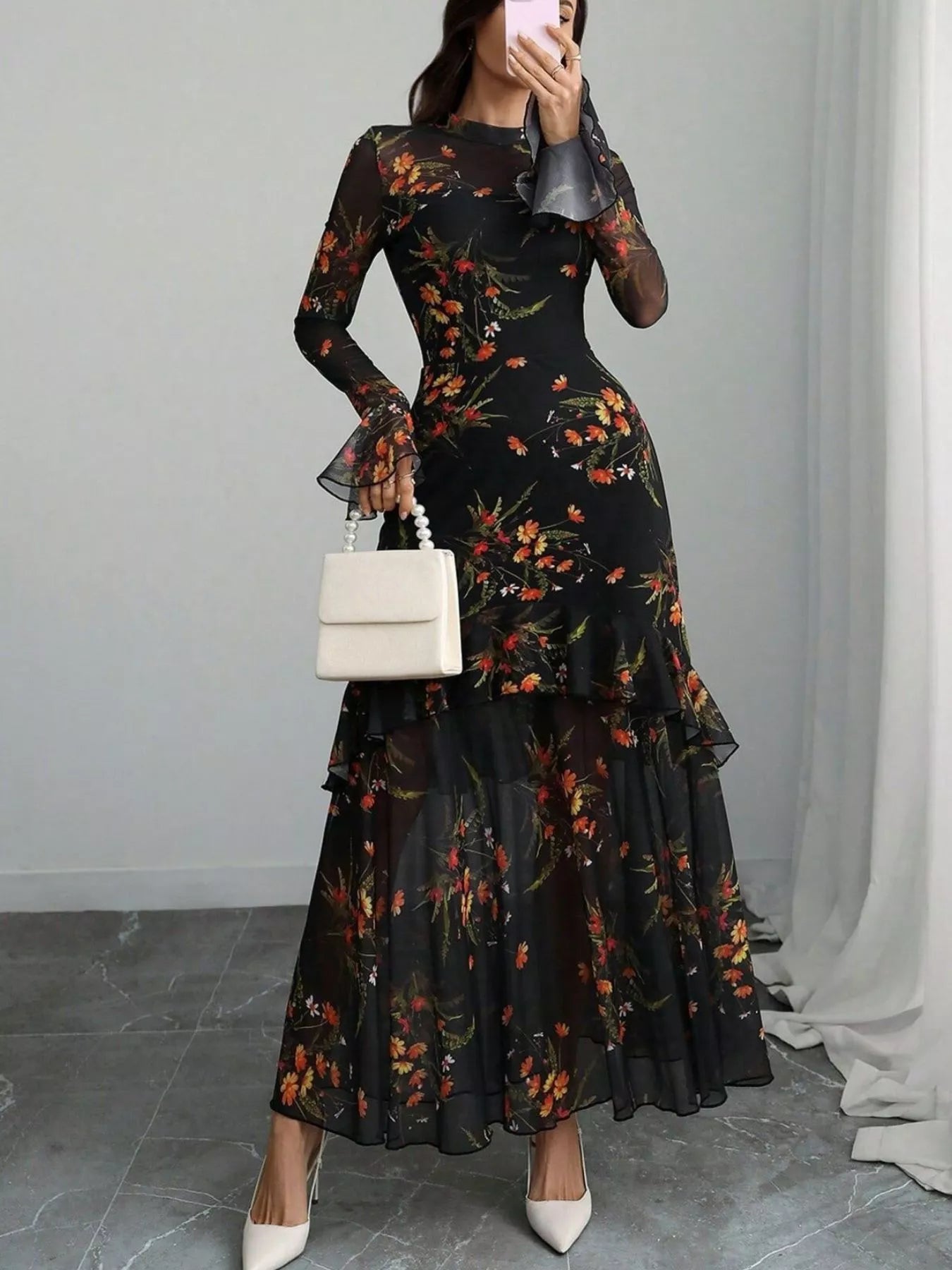 Floral Print Flounce Sleeve Mermaid Maxi Dress - Godess beauty  #