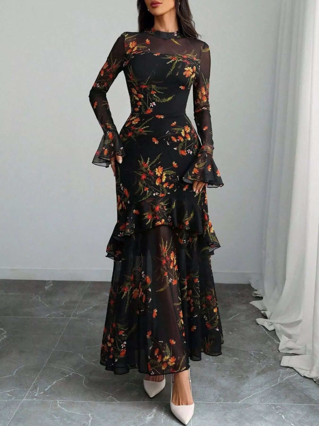 Floral Print Flounce Sleeve Mermaid Maxi Dress - Godess beauty  #
