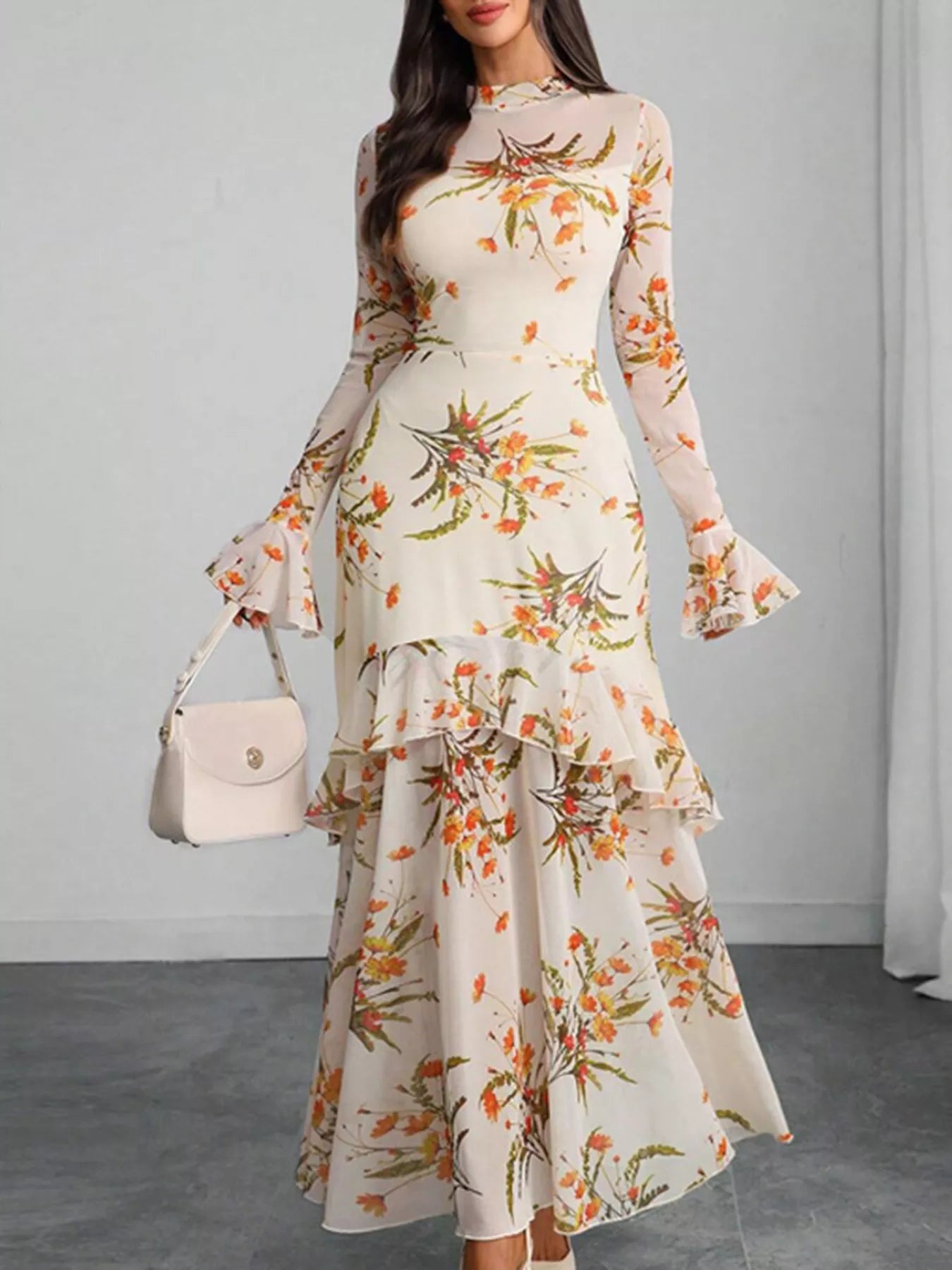 Floral Print Flounce Sleeve Mermaid Maxi Dress - Godess beauty  #