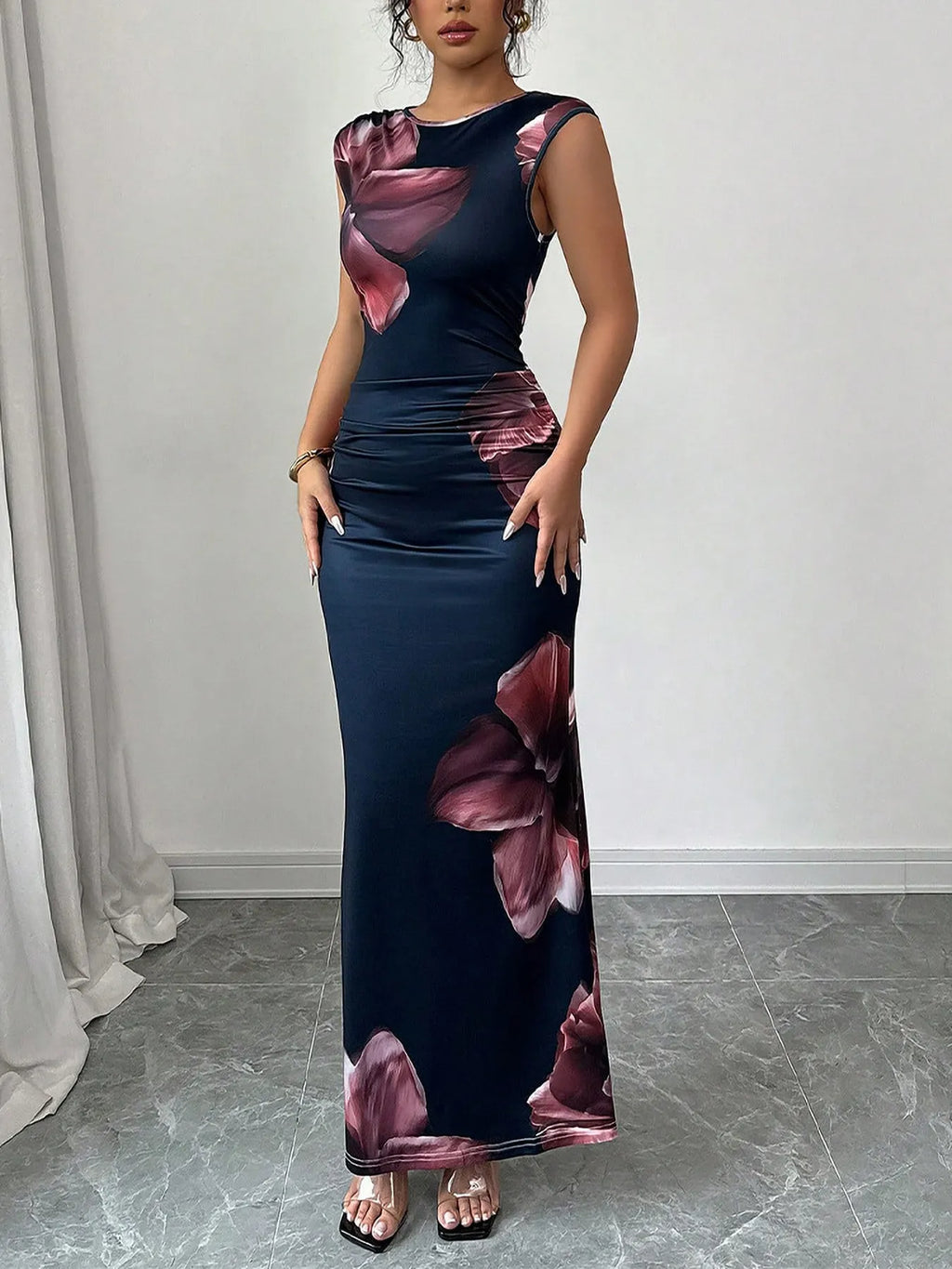Floral Print Sleeveless Bodycon Maxi Dress - Godess beauty  #