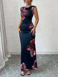 Floral Print Sleeveless Bodycon Maxi Dress - Godess beauty  #