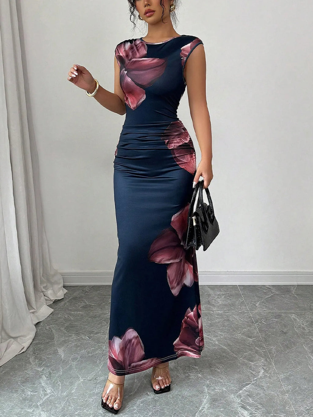Floral Print Sleeveless Bodycon Maxi Dress - Godess beauty  #