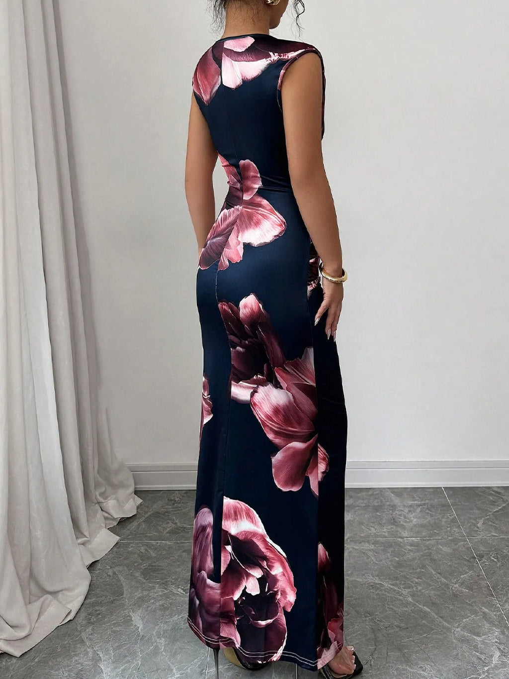 Floral Print Sleeveless Bodycon Maxi Dress - Godess beauty  #