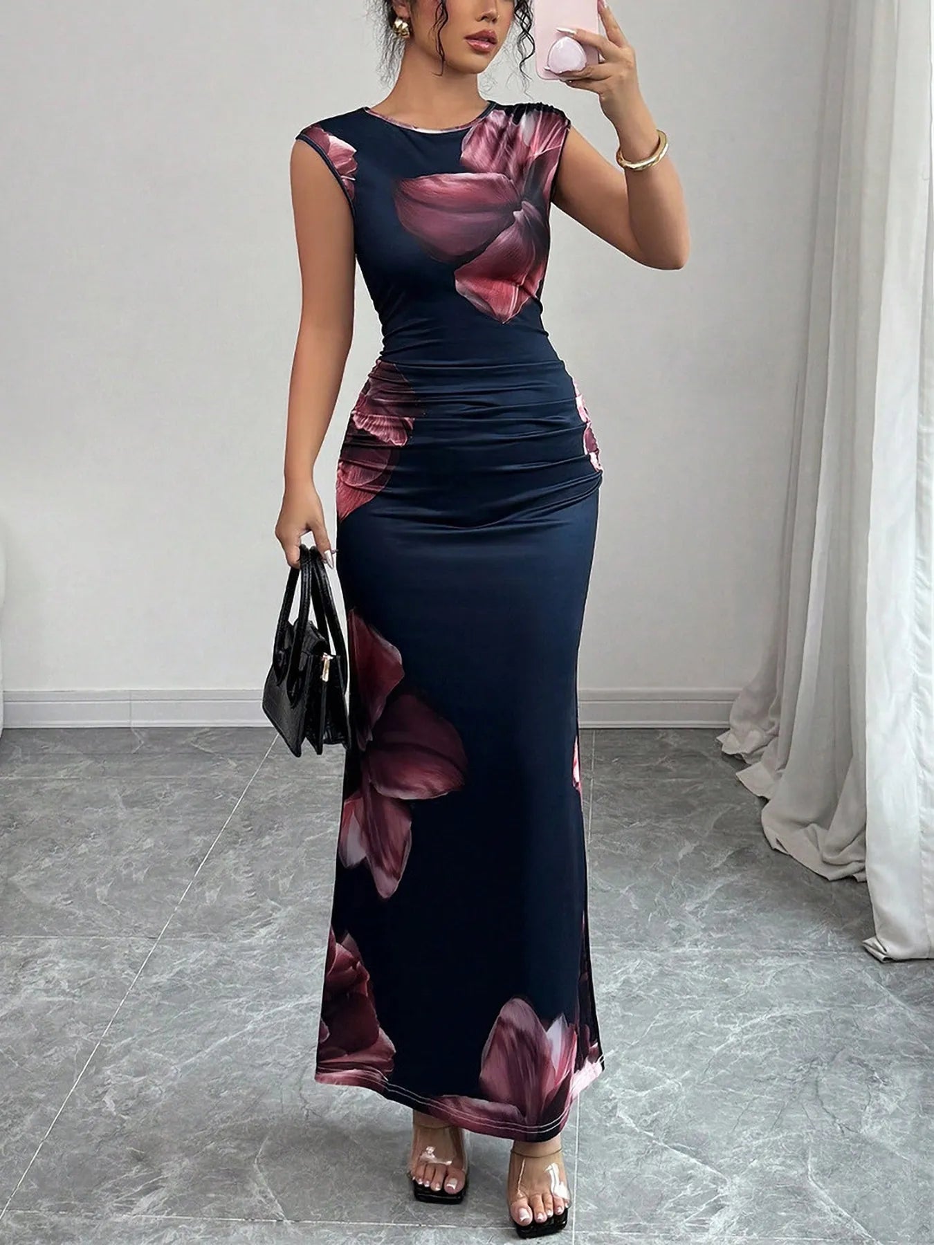 Floral Print Sleeveless Bodycon Maxi Dress - Godess beauty  #