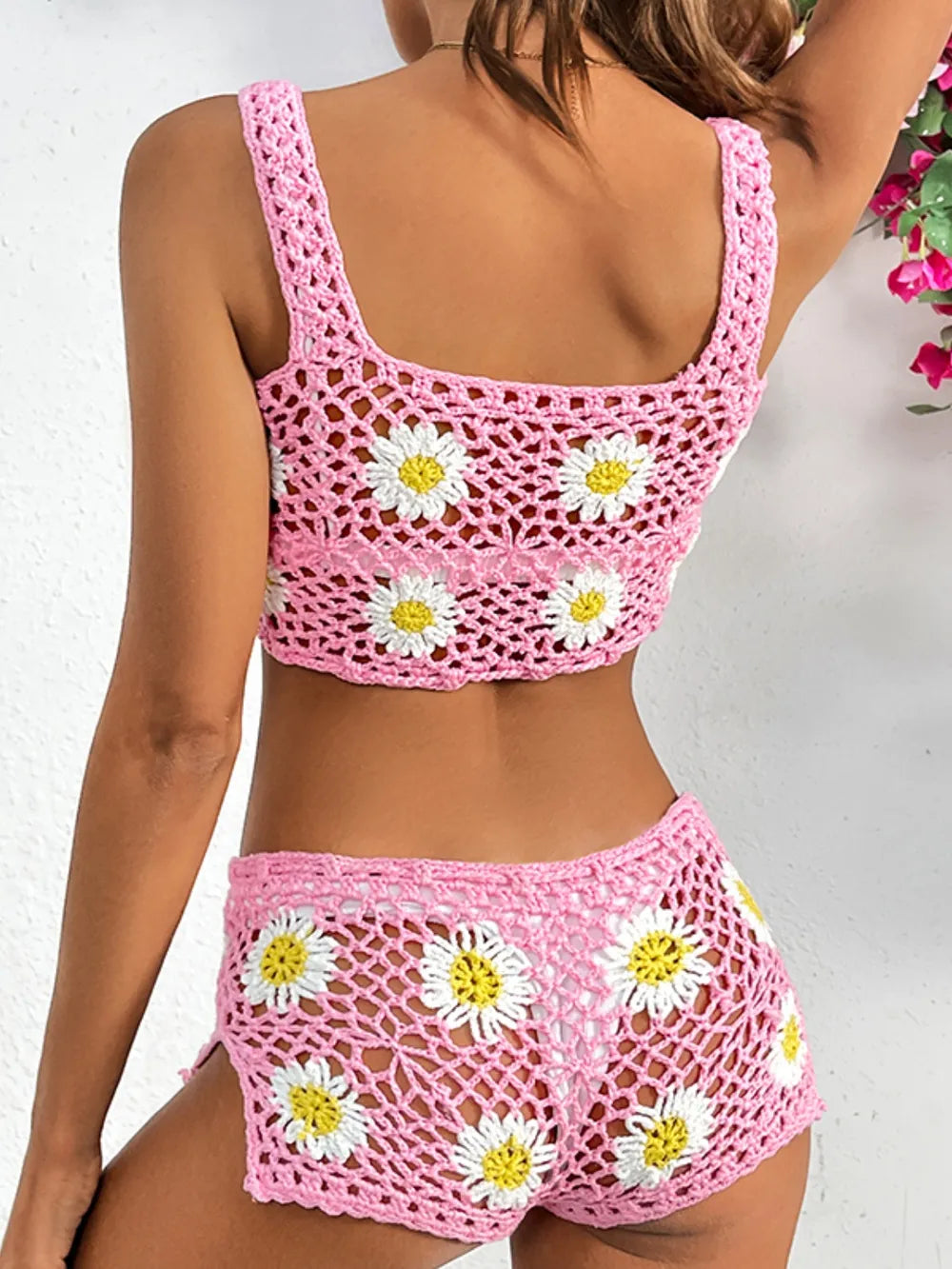 Flower Cutout Wide Strap Two-Piece Cover Up - Godess beauty  #