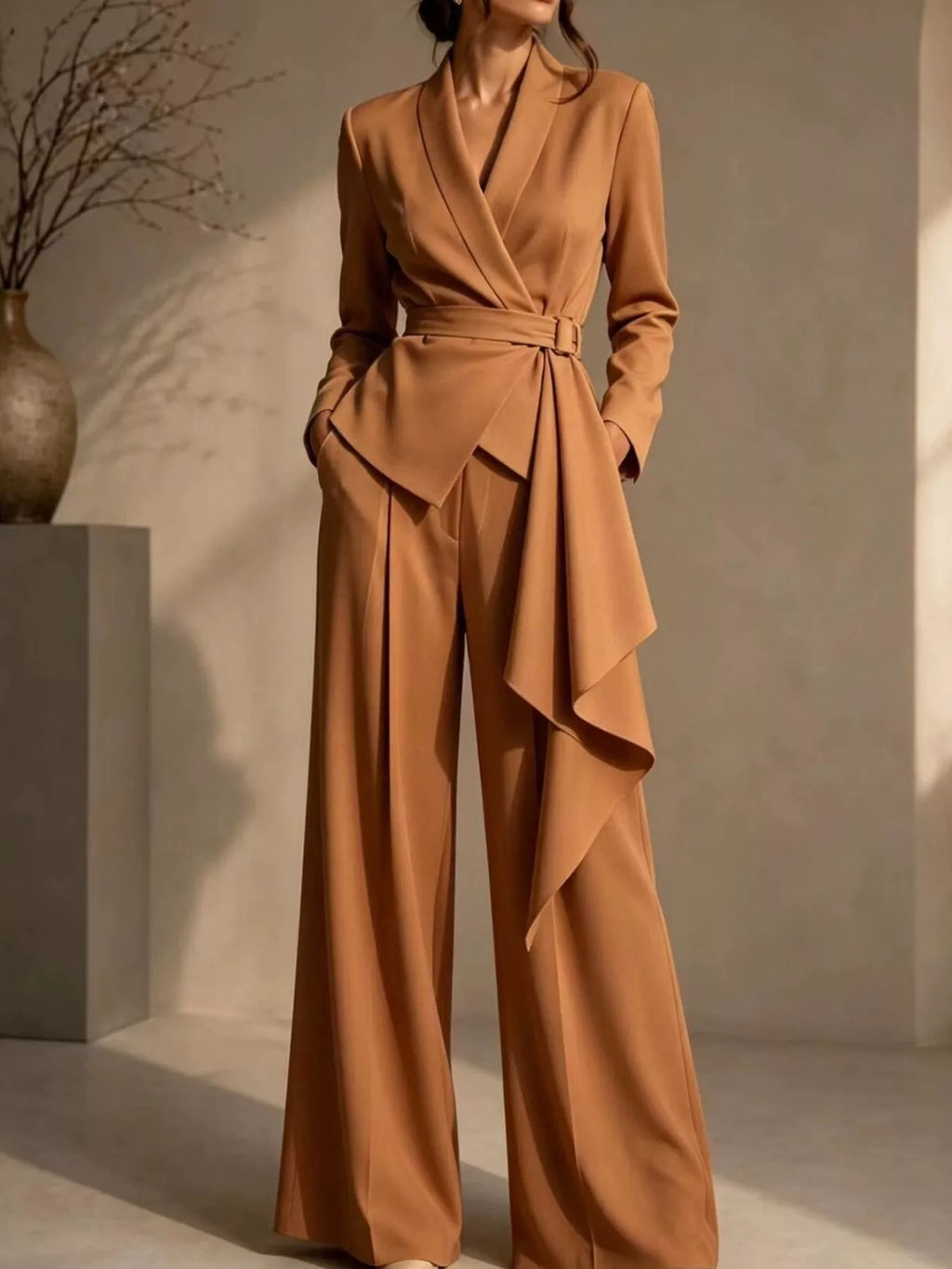 Full Size Belted Blazer and Wide-Leg Pants Set Plus Size - Godess Beauty  #