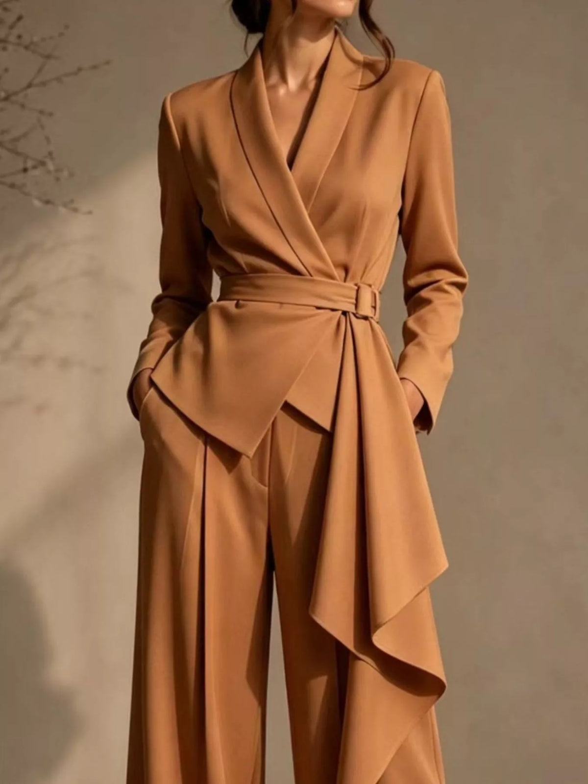 Full Size Belted Blazer and Wide-Leg Pants Set Plus Size - Godess Beauty  #