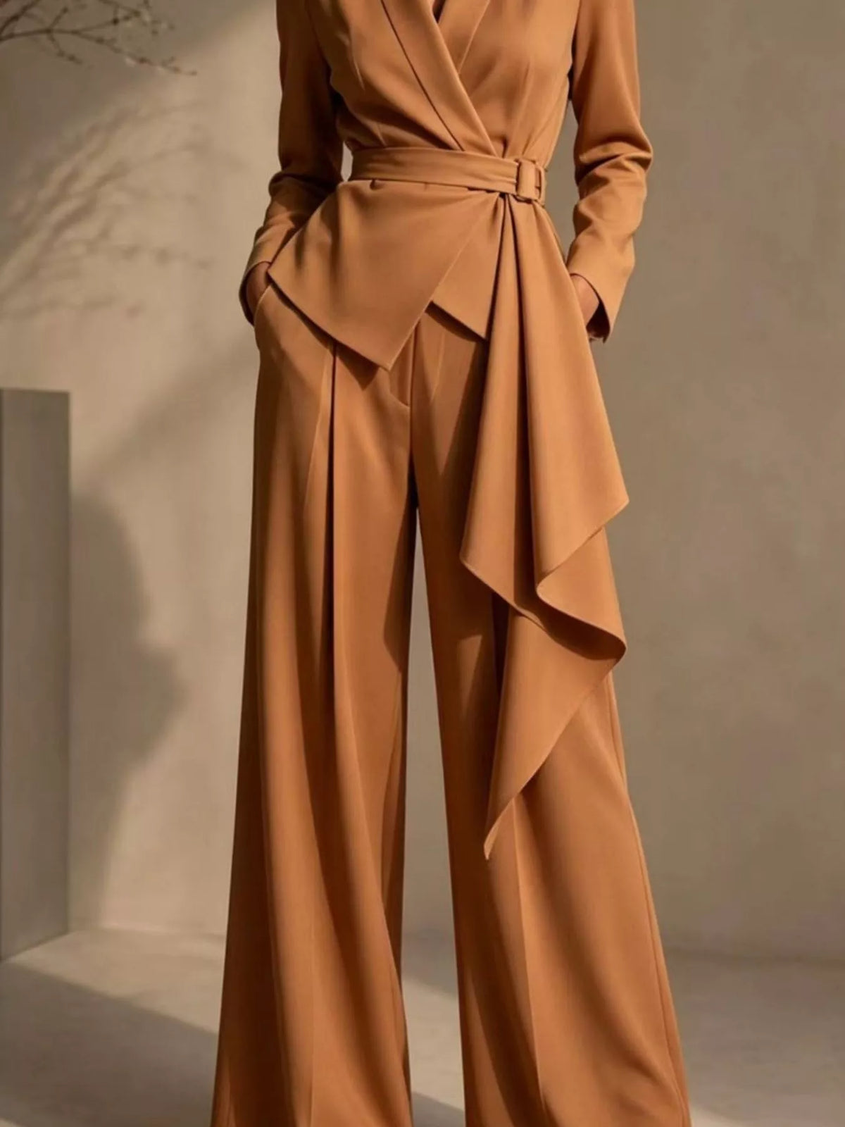 Full Size Belted Blazer and Wide-Leg Pants Set Plus Size - Godess Beauty  #