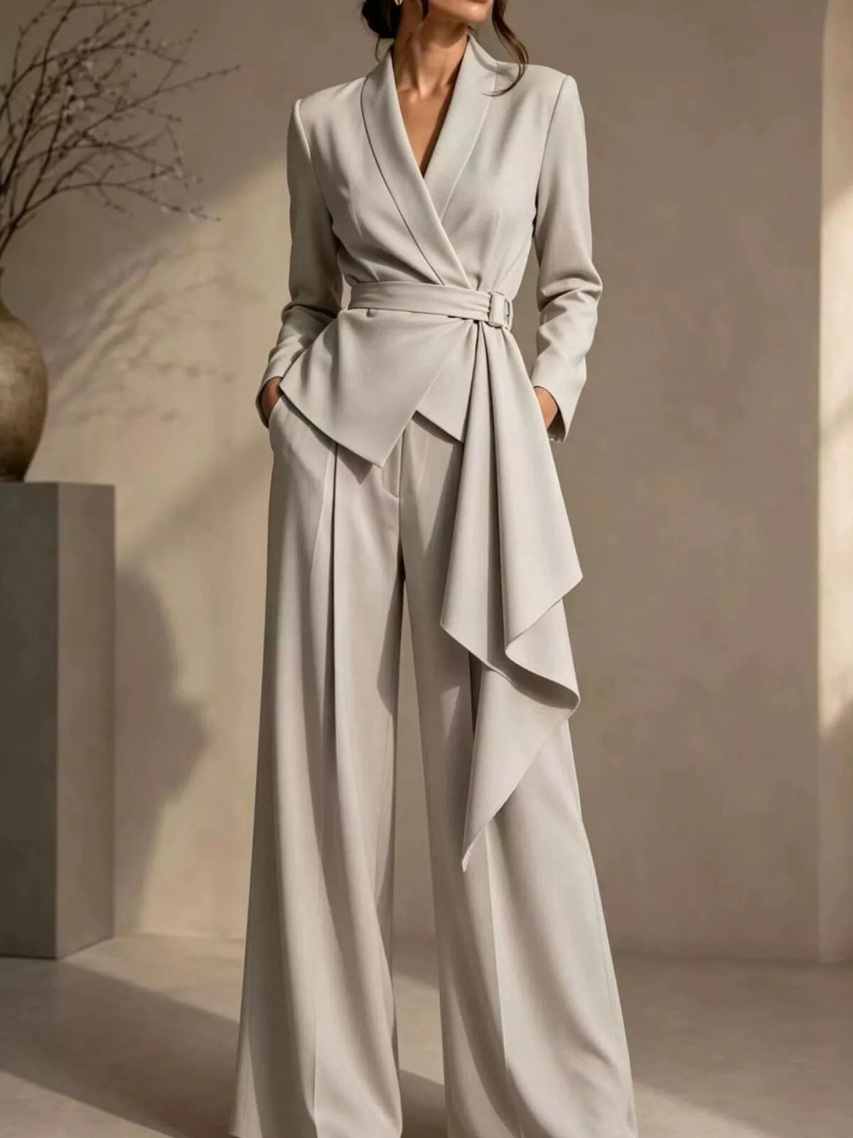 Full Size Belted Blazer and Wide-Leg Pants Set Plus Size - Godess Beauty  #
