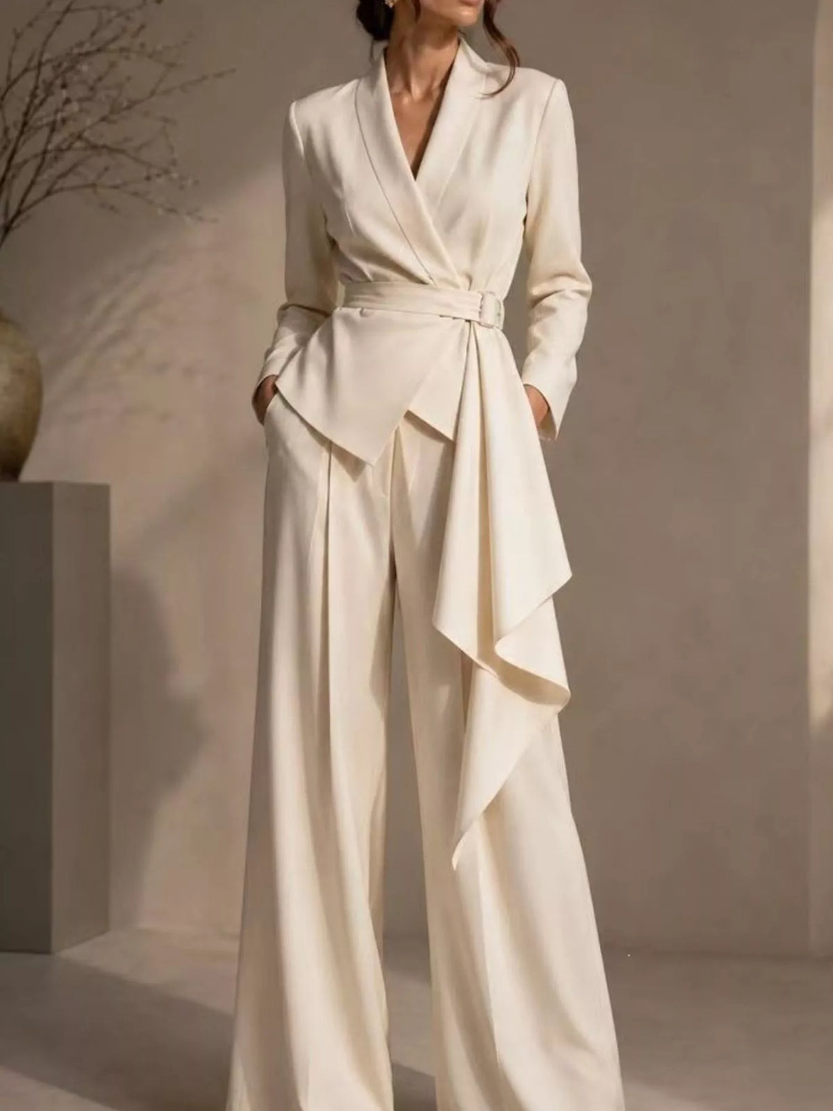 Full Size Belted Blazer and Wide-Leg Pants Set Plus Size - Godess Beauty  #