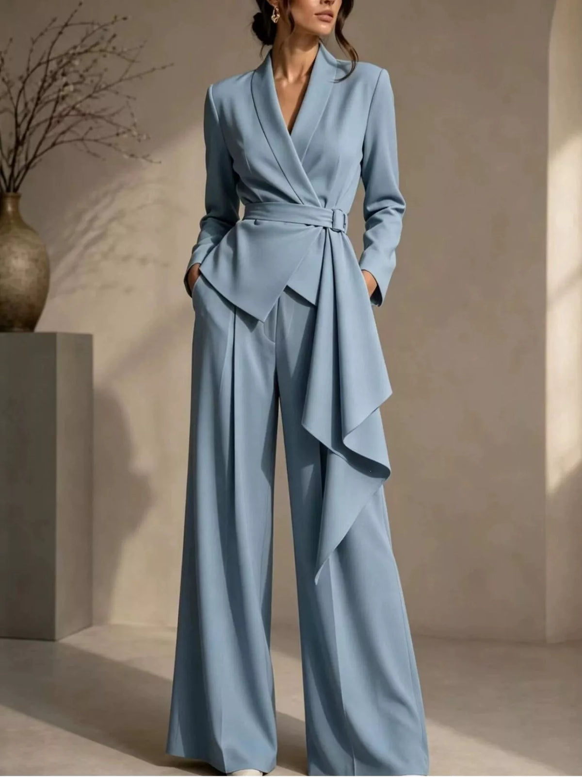 Full Size Belted Blazer and Wide-Leg Pants Set Plus Size - Godess Beauty  #