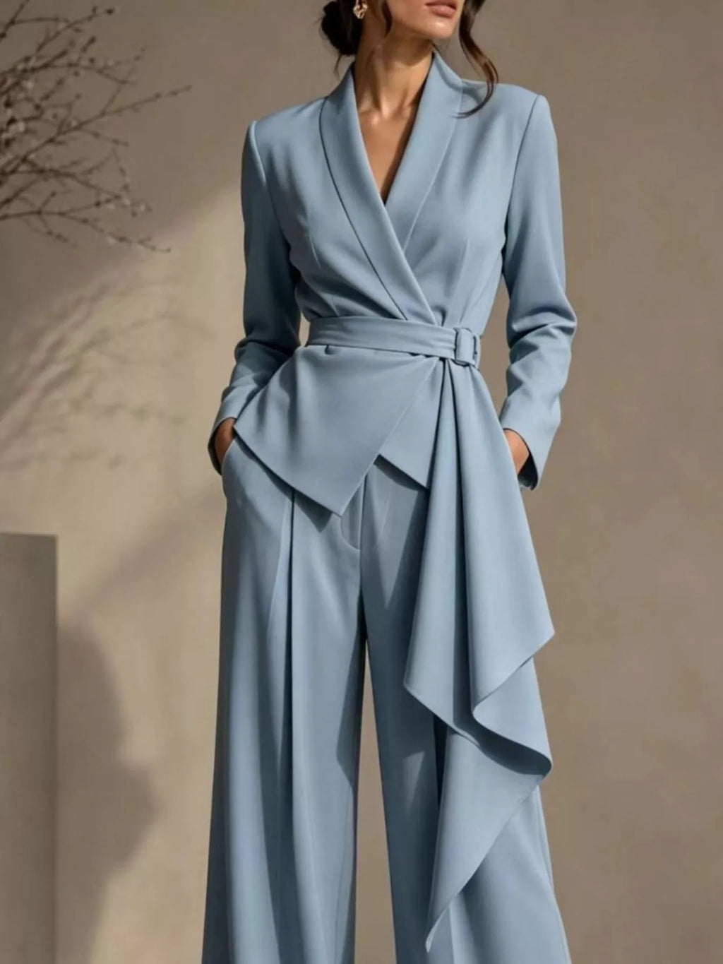 Full Size Belted Blazer and Wide-Leg Pants Set Plus Size - Godess Beauty  #