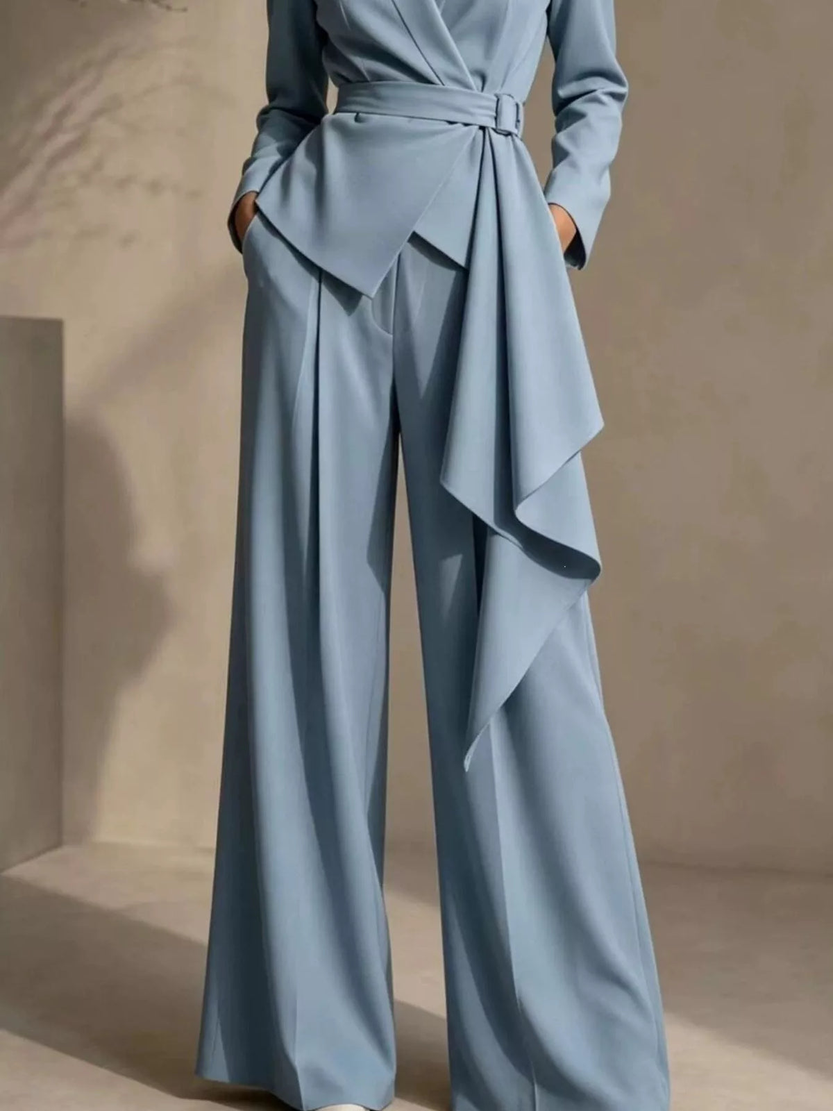 Full Size Belted Blazer and Wide-Leg Pants Set Plus Size - Godess Beauty  #