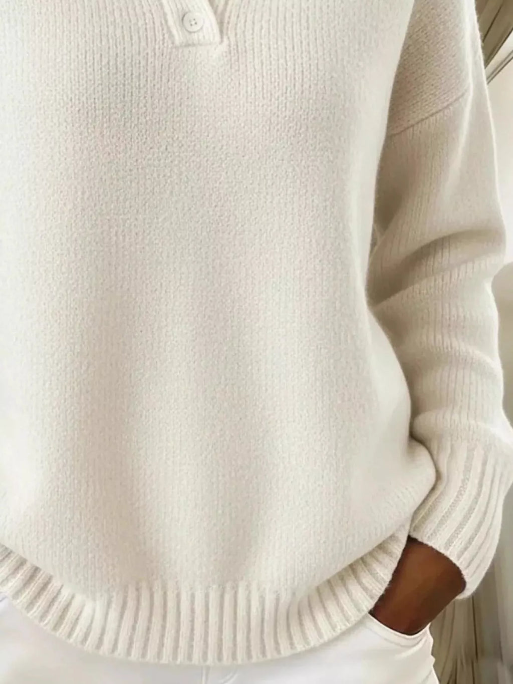 Full Size Button Detail Drop Shoulder Sweater Plus Size - Godess beauty  #