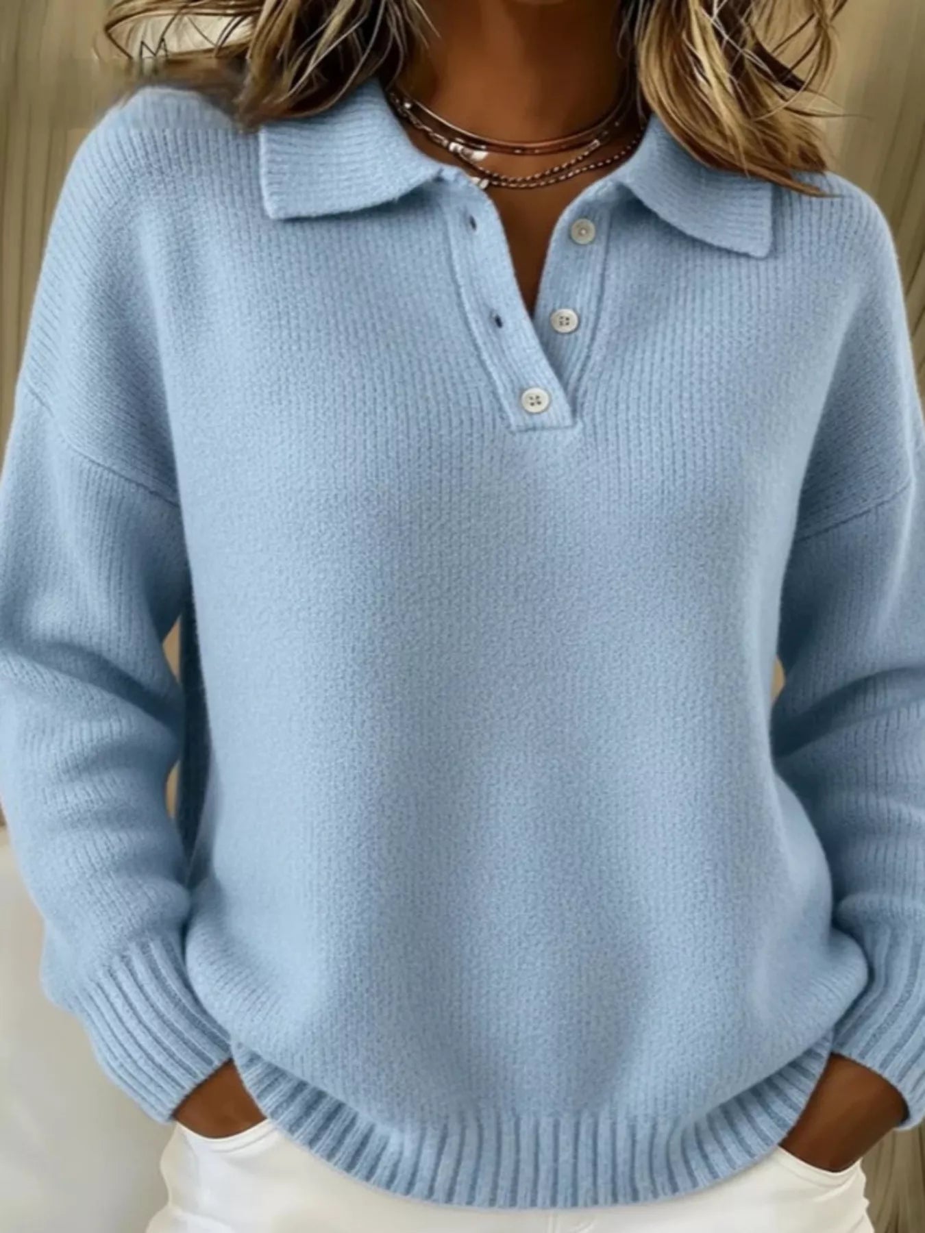 Full Size Button Detail Drop Shoulder Sweater Plus Size - Godess beauty  #