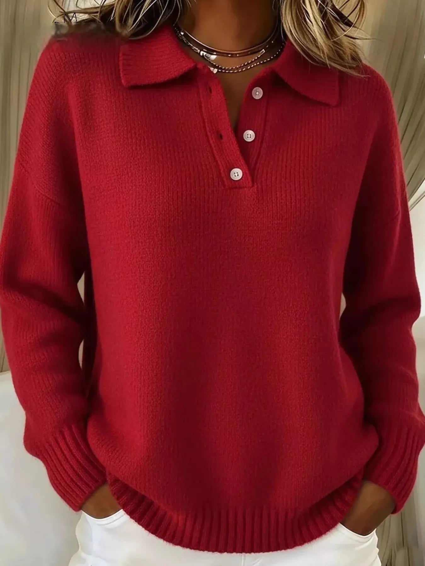 Full Size Button Detail Drop Shoulder Sweater Plus Size - Godess beauty  #