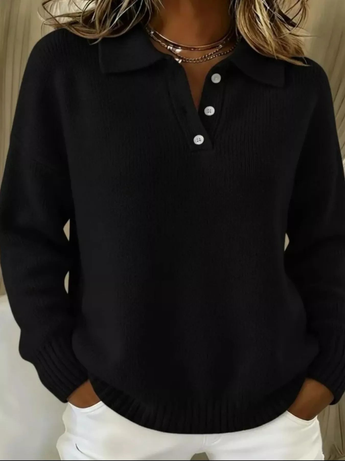 Full Size Button Detail Drop Shoulder Sweater Plus Size - Godess beauty  #