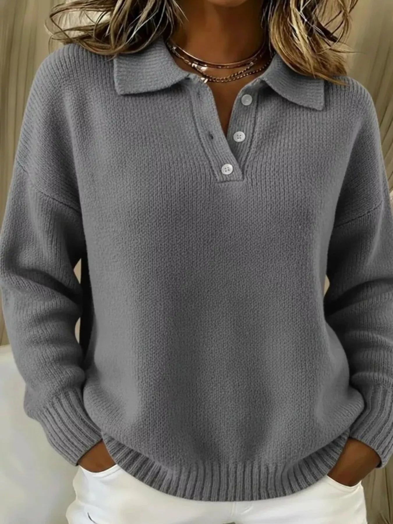 Full Size Button Detail Drop Shoulder Sweater Plus Size - Godess beauty  #