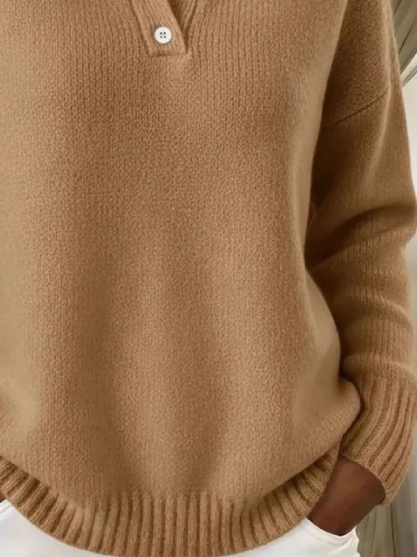 Full Size Button Detail Drop Shoulder Sweater Plus Size - Godess beauty  #