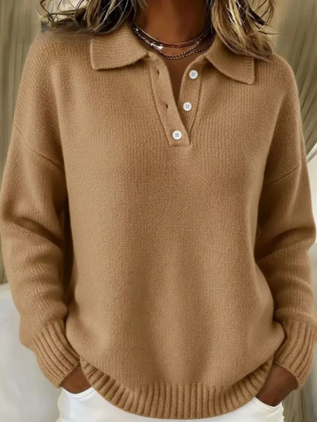 Full Size Button Detail Drop Shoulder Sweater Plus Size - Godess beauty  #