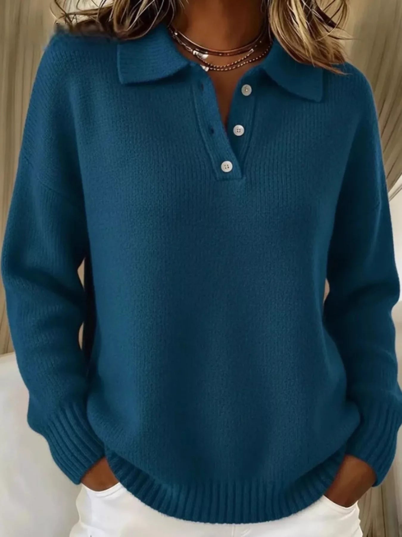 Full Size Button Detail Drop Shoulder Sweater Plus Size - Godess beauty  #