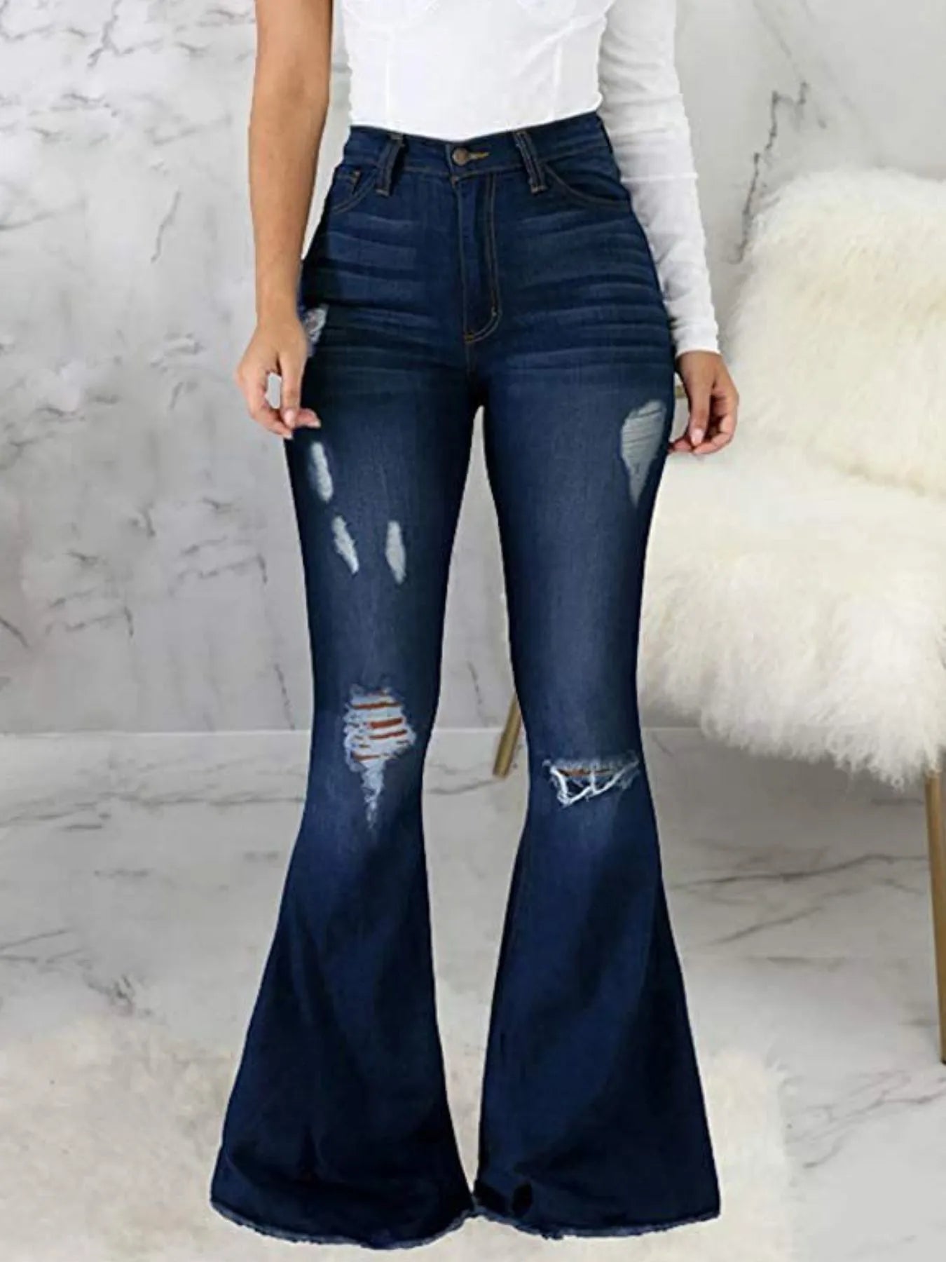 Full Size Distressed Raw Hem Flare Jeans Plus Size - Godess beauty  #