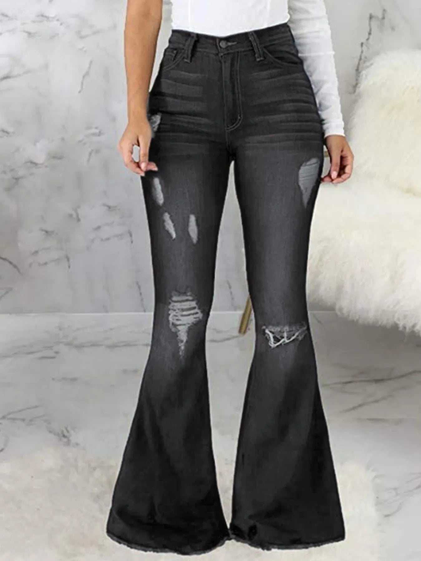 Full Size Distressed Raw Hem Flare Jeans Plus Size - Godess beauty  #