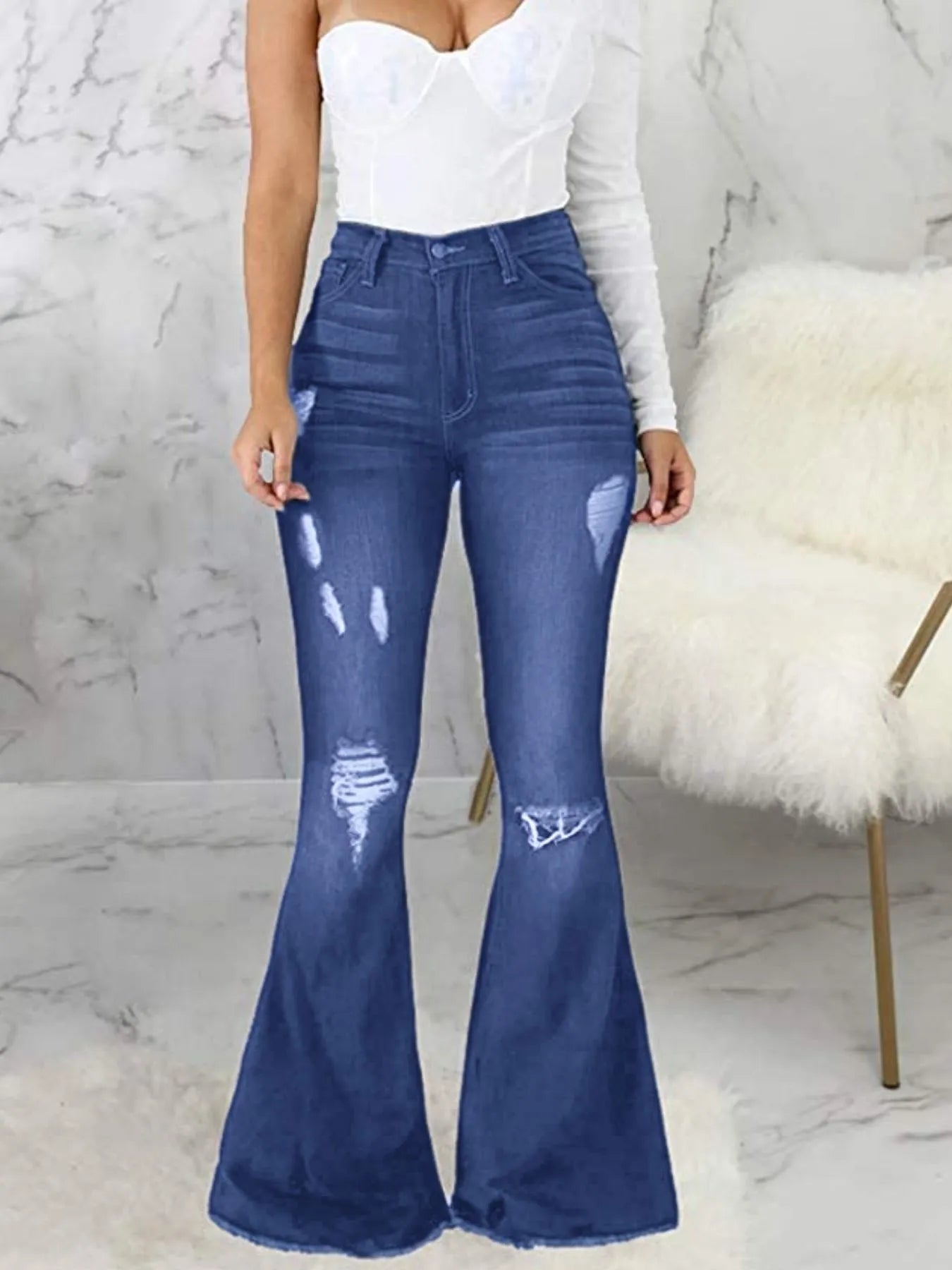 Full Size Distressed Raw Hem Flare Jeans Plus Size - Godess beauty  #