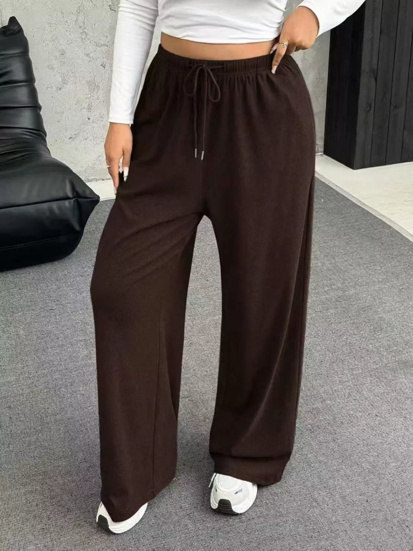 Full Size Drawstring Wide Leg Pants Plus Size - Godess beauty  #