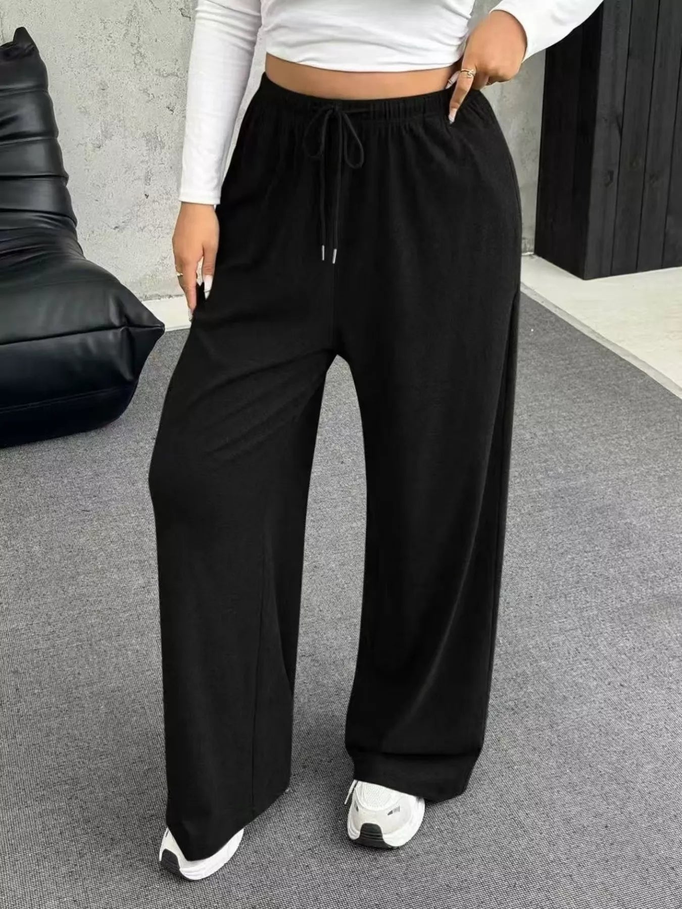 Full Size Drawstring Wide Leg Pants Plus Size - Godess beauty  #