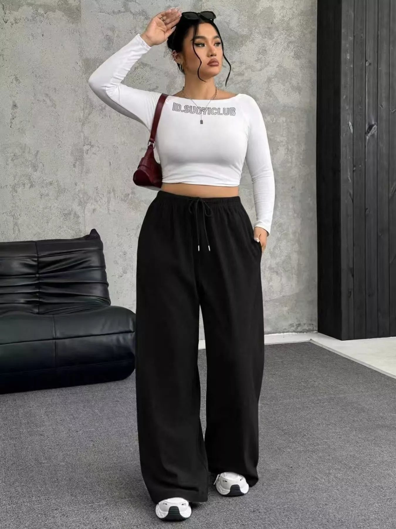 Full Size Drawstring Wide Leg Pants Plus Size - Godess beauty  #