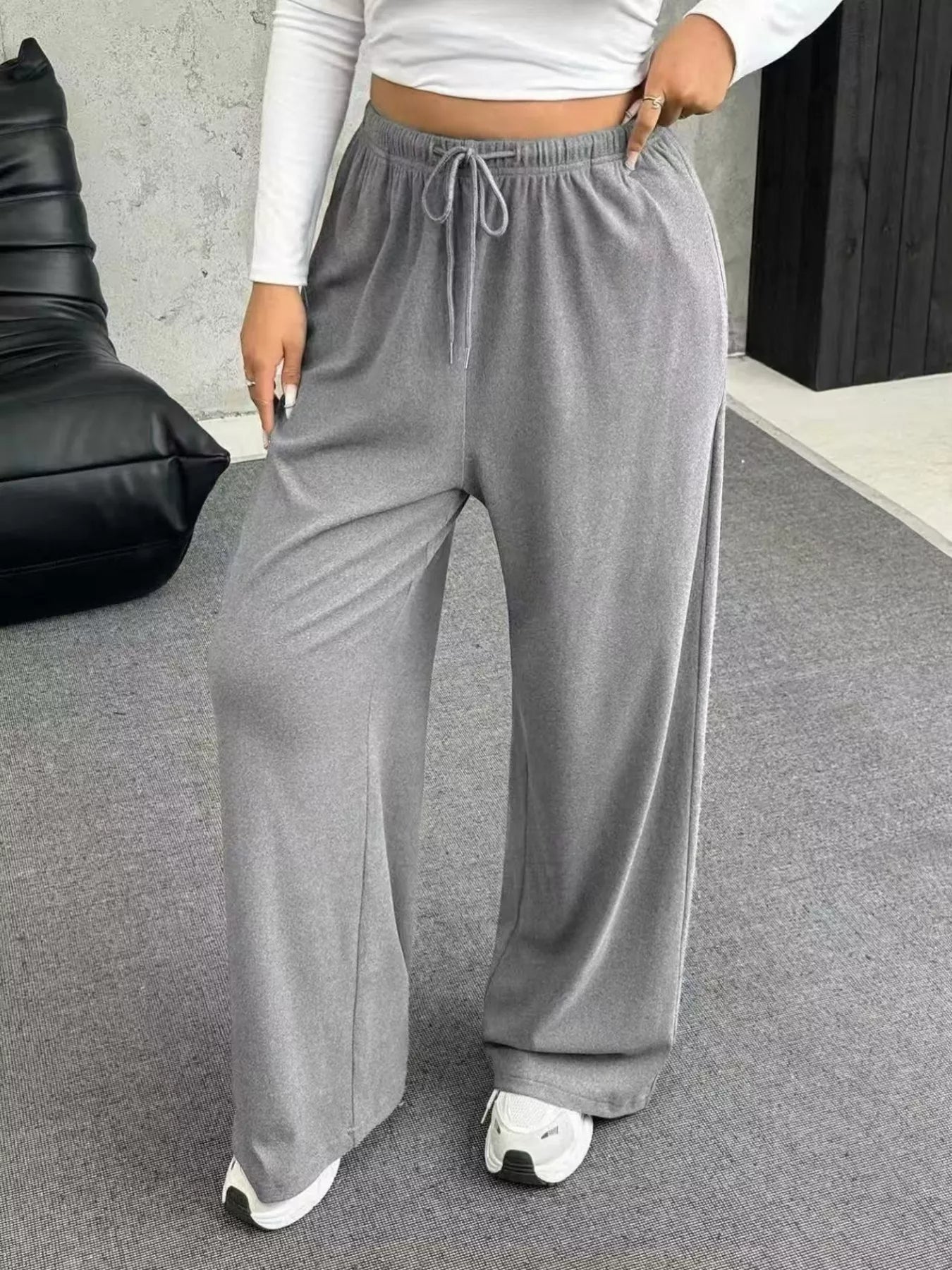 Full Size Drawstring Wide Leg Pants Plus Size - Godess beauty  #