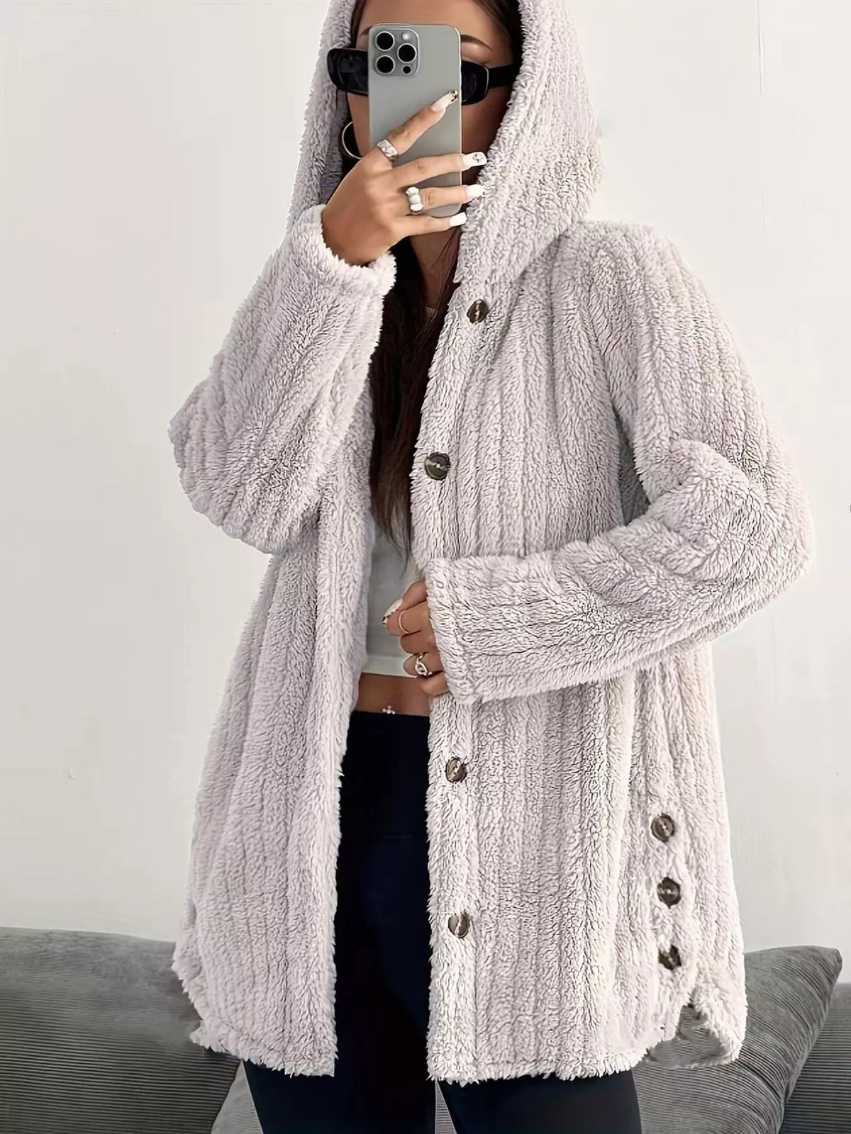 Full Size Fleece Button Up Hooded Outerwear Plus Size - Godess Beauty  #