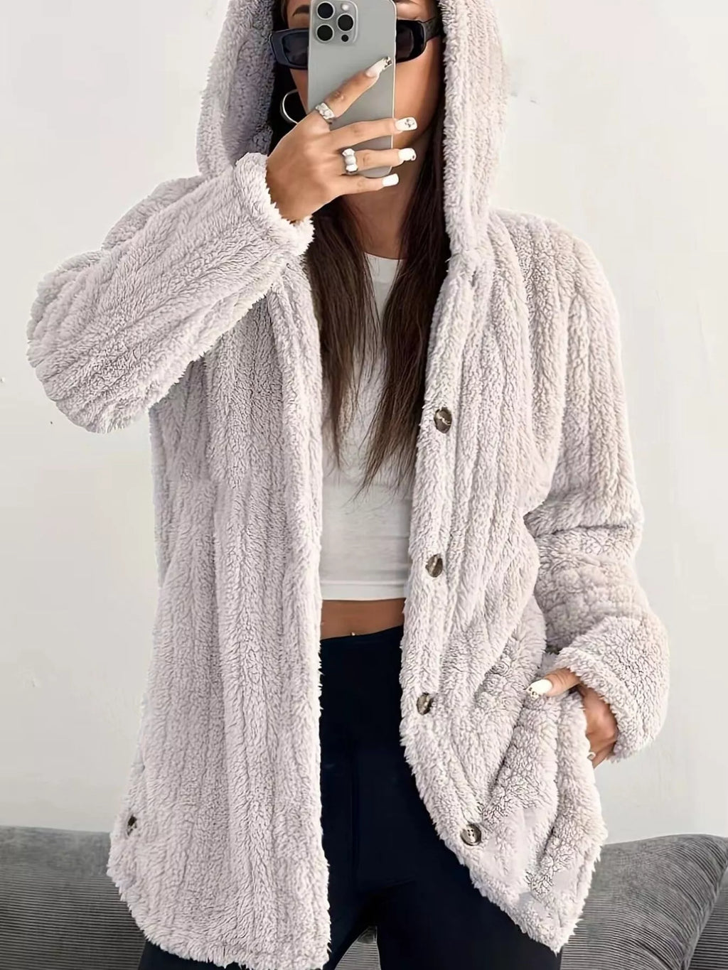 Full Size Fleece Button Up Hooded Outerwear Plus Size - Godess Beauty  #