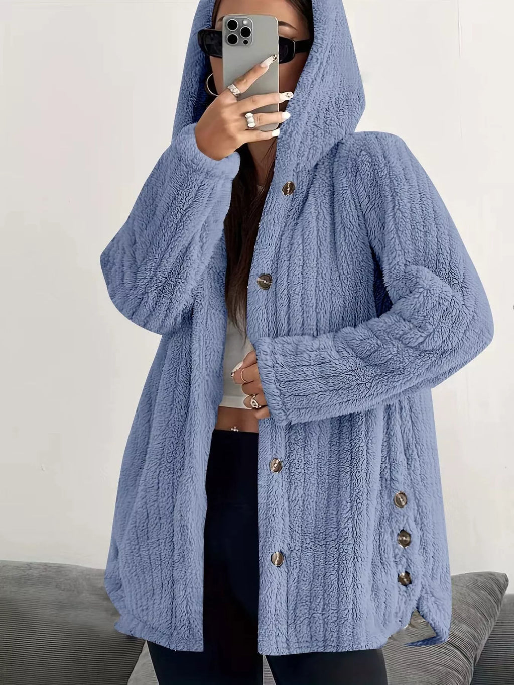 Full Size Fleece Button Up Hooded Outerwear Plus Size - Godess Beauty  #