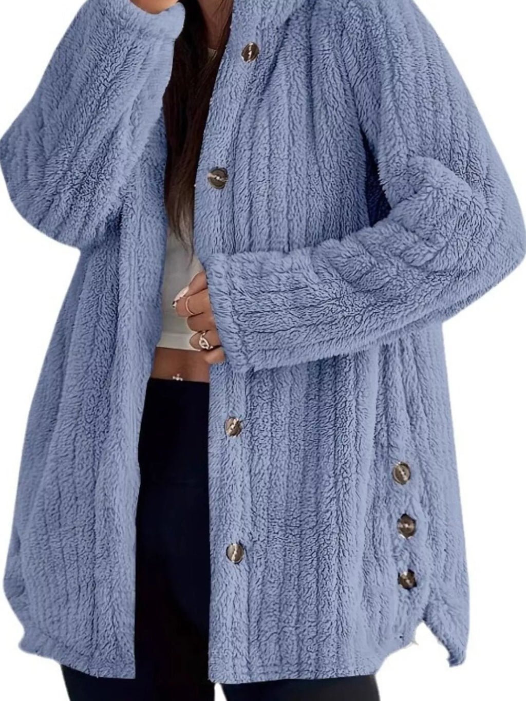Full Size Fleece Button Up Hooded Outerwear Plus Size - Godess Beauty  #