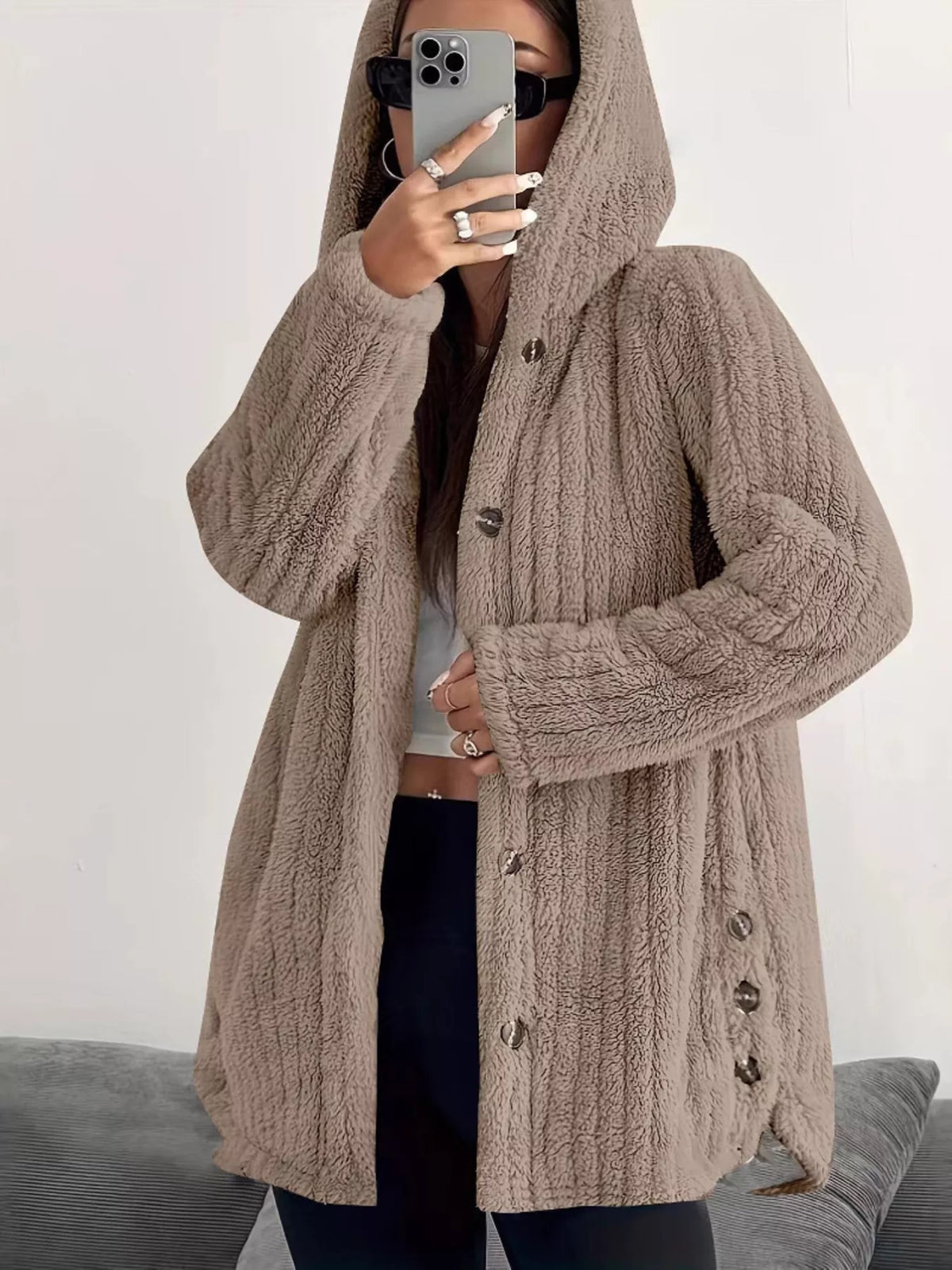 Full Size Fleece Button Up Hooded Outerwear Plus Size - Godess Beauty  #