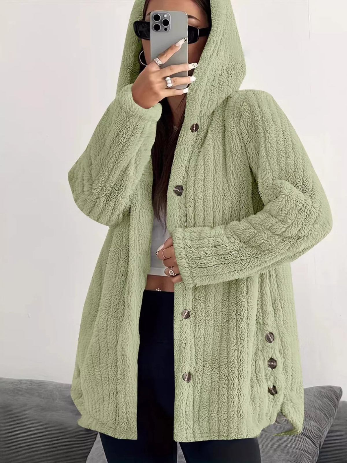 Full Size Fleece Button Up Hooded Outerwear Plus Size - Godess Beauty  #