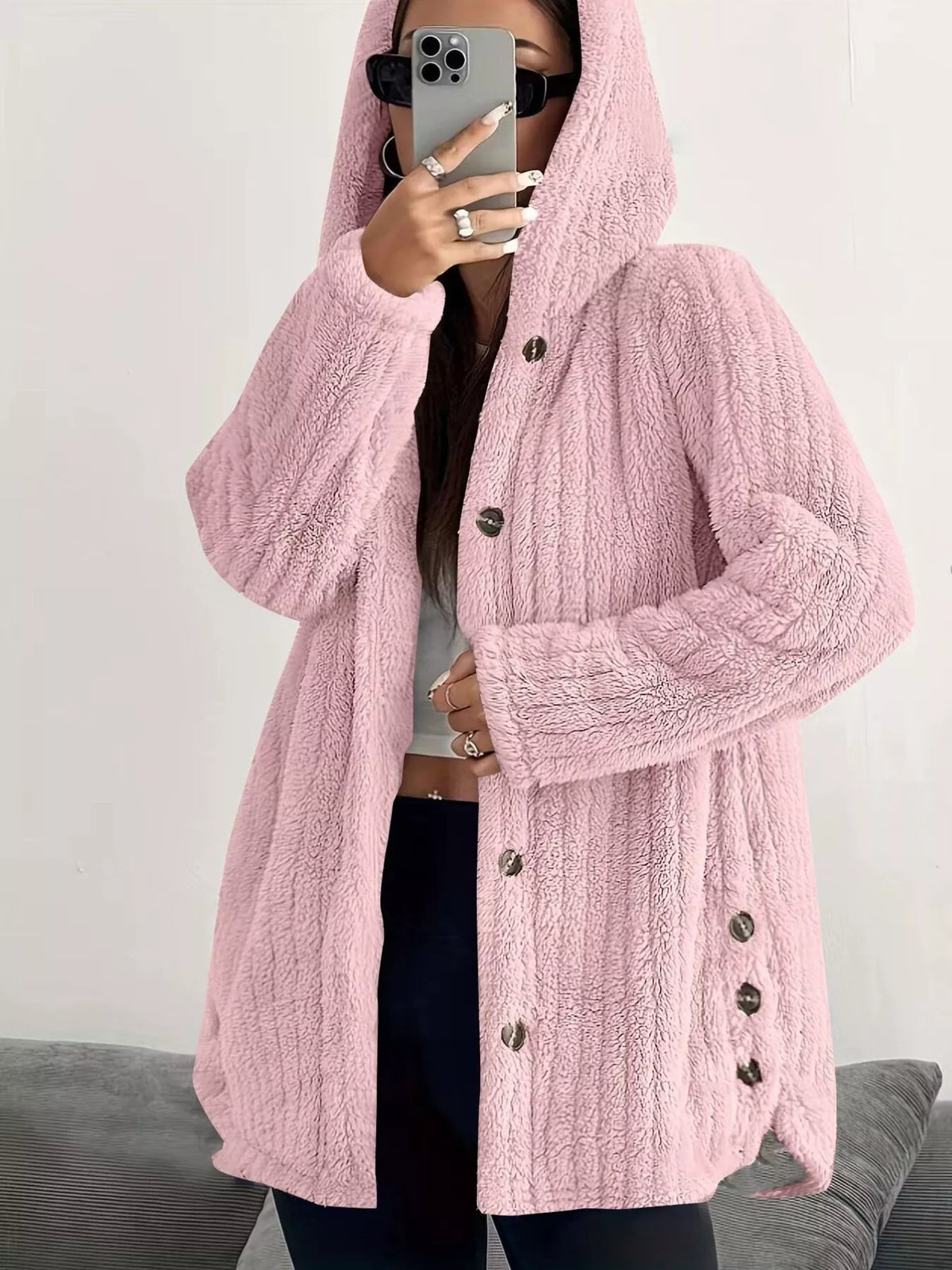 Full Size Fleece Button Up Hooded Outerwear Plus Size - Godess Beauty  #