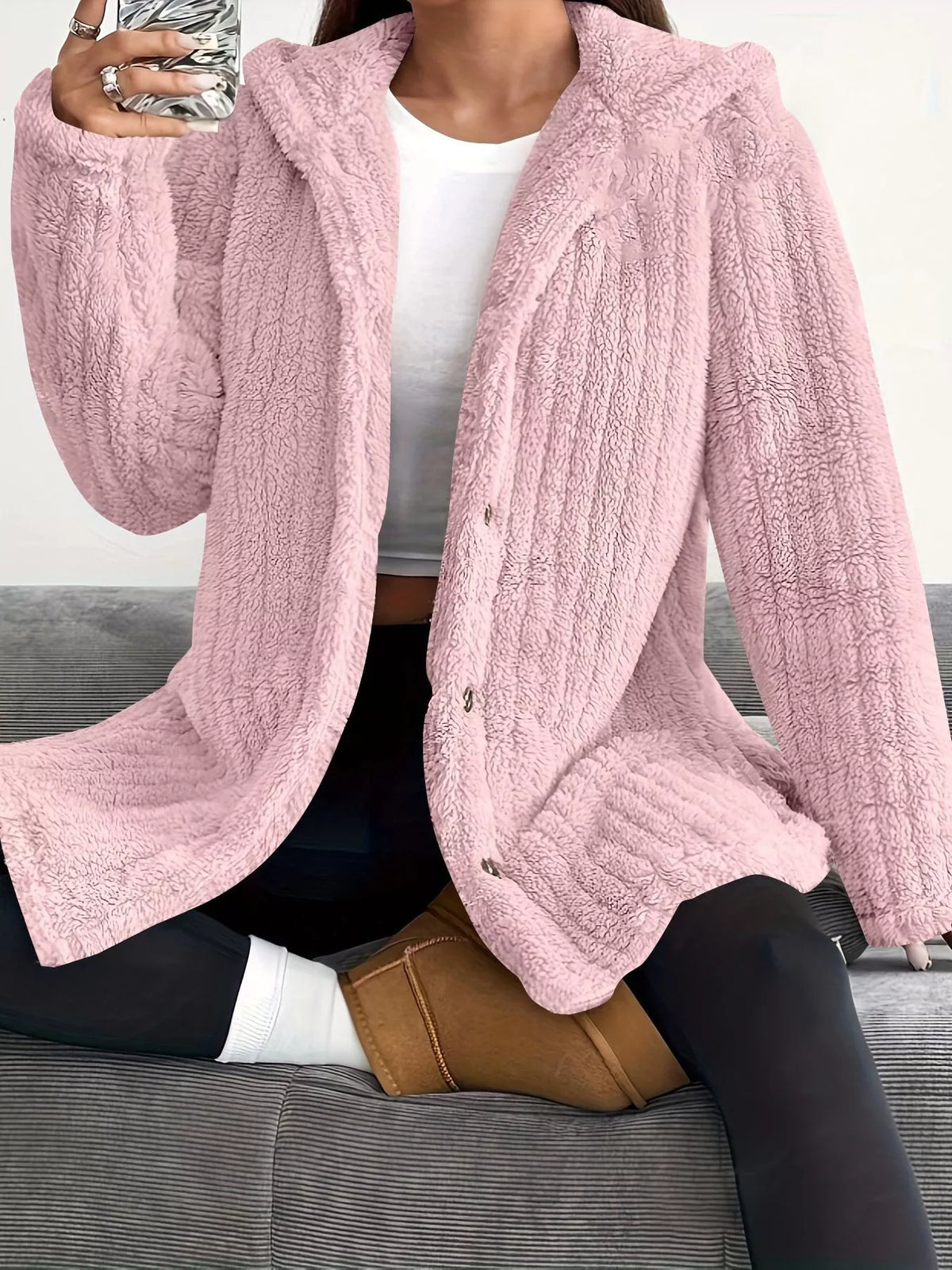 Full Size Fleece Button Up Hooded Outerwear Plus Size - Godess Beauty  #