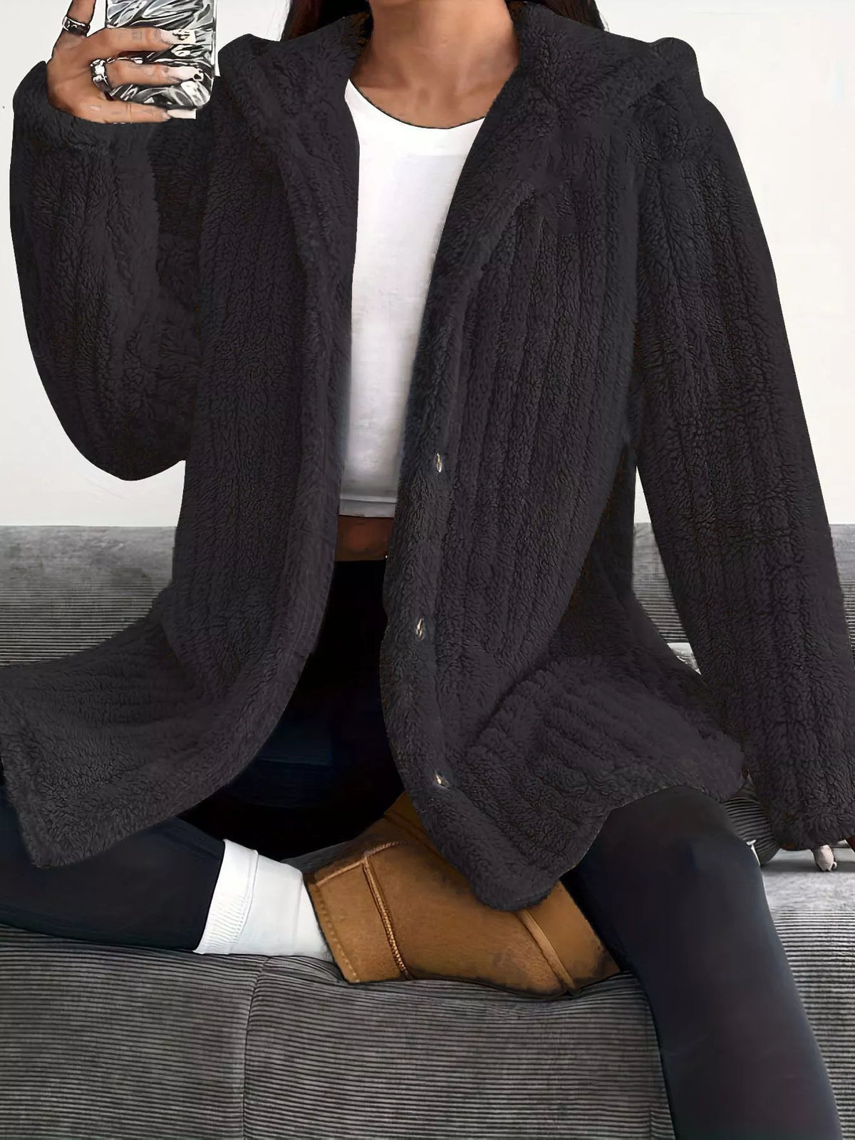 Full Size Fleece Button Up Hooded Outerwear Plus Size - Godess Beauty  #