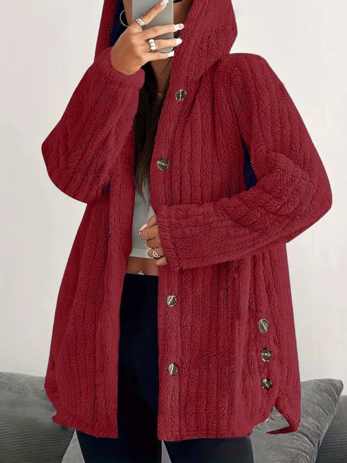Full Size Fleece Button Up Hooded Outerwear Plus Size - Godess Beauty  #