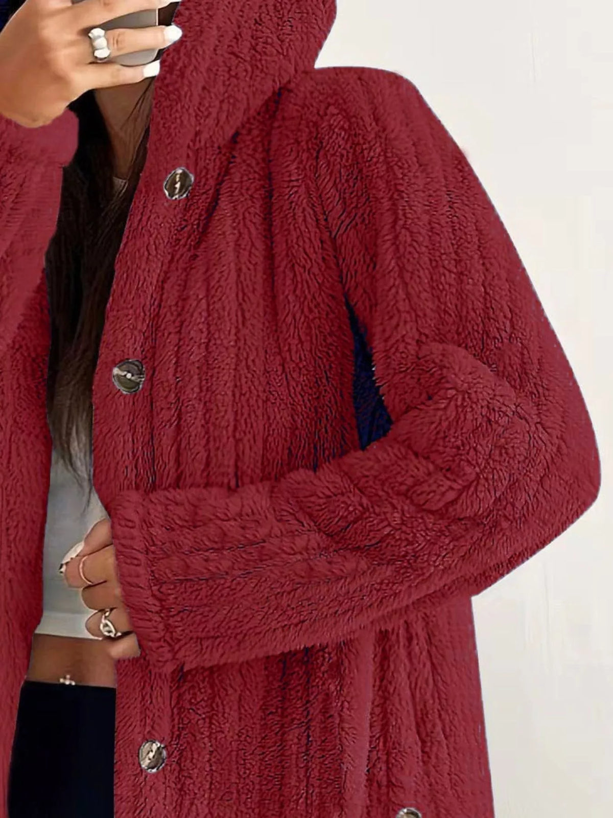 Full Size Fleece Button Up Hooded Outerwear Plus Size - Godess Beauty  #