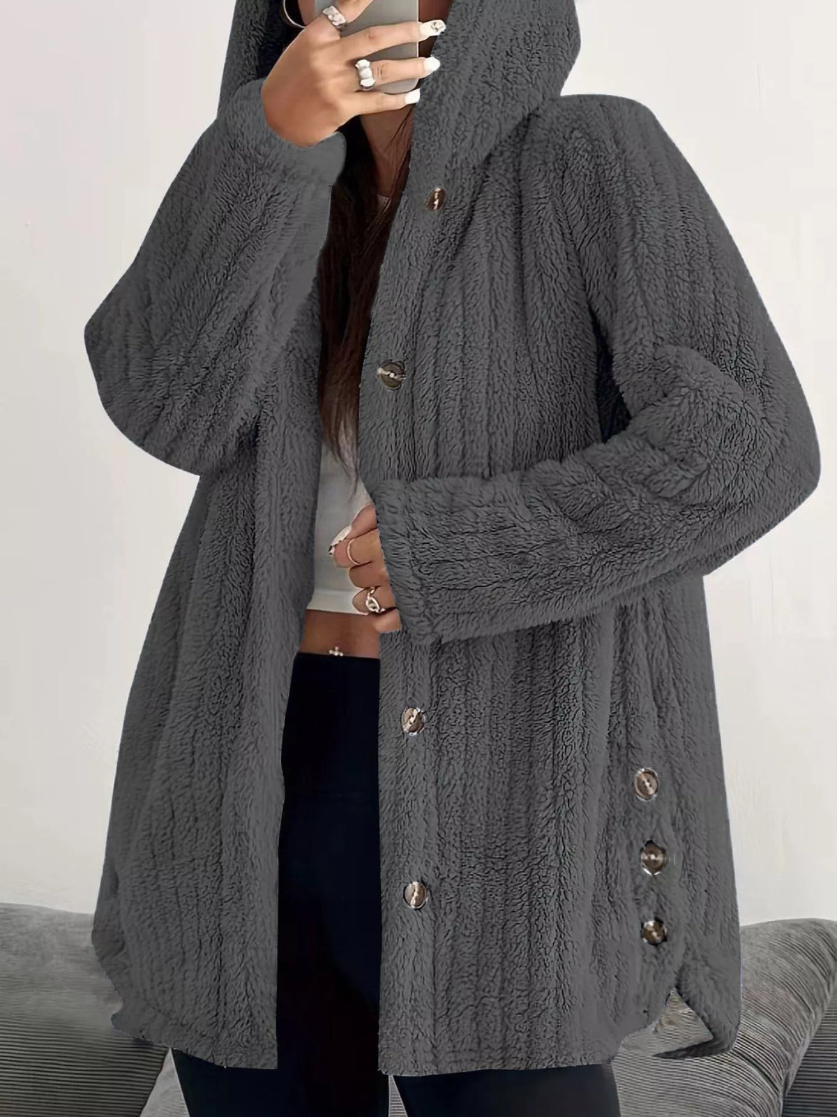 Full Size Fleece Button Up Hooded Outerwear Plus Size - Godess Beauty  #