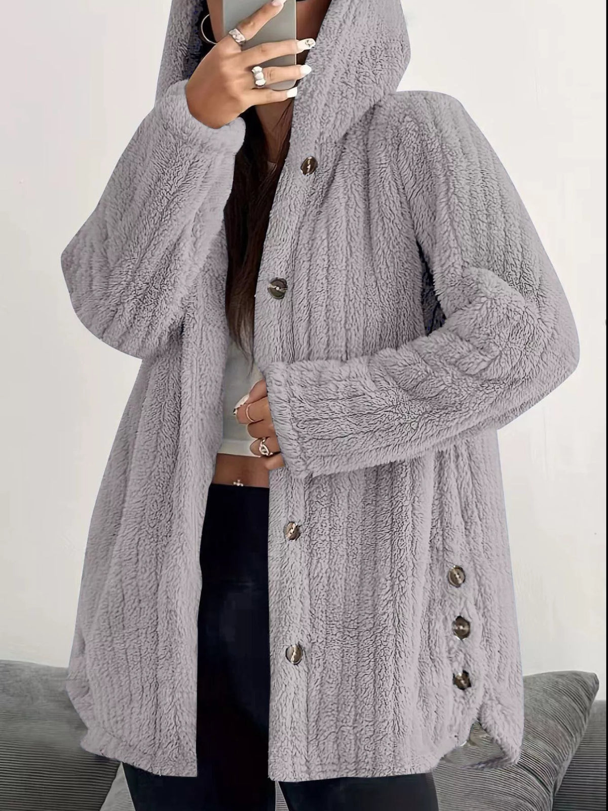 Full Size Fleece Button Up Hooded Outerwear Plus Size - Godess Beauty  #